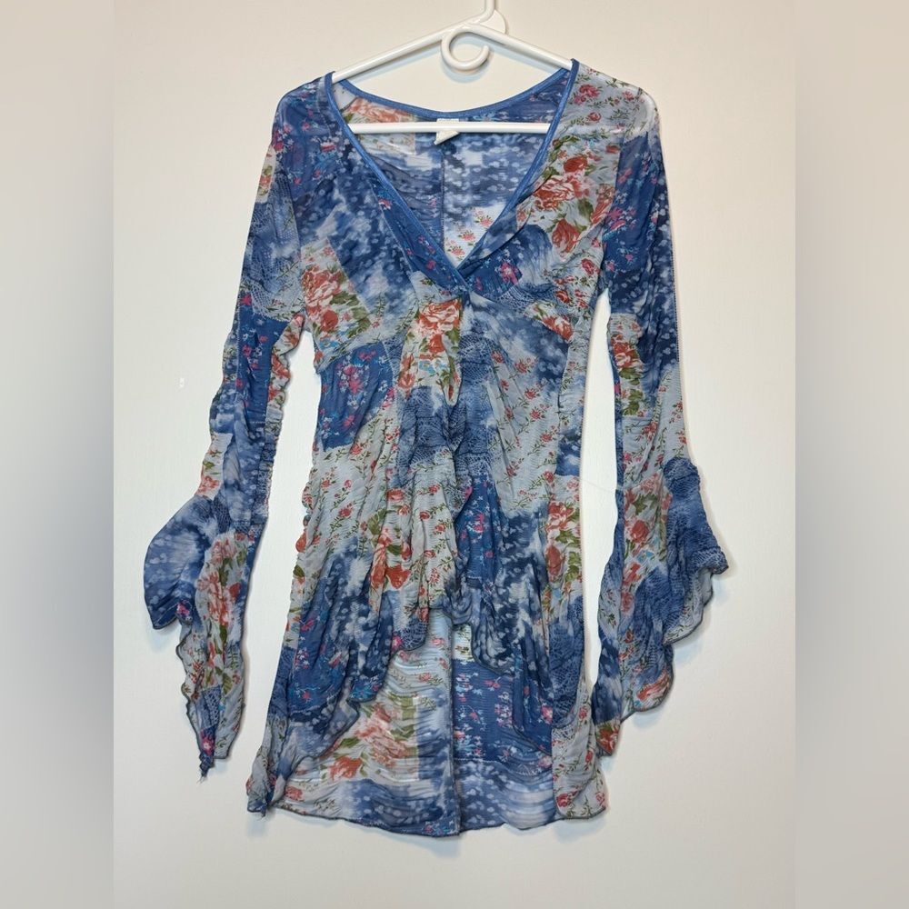 Y2K 2000s mesh semi sheer floral top